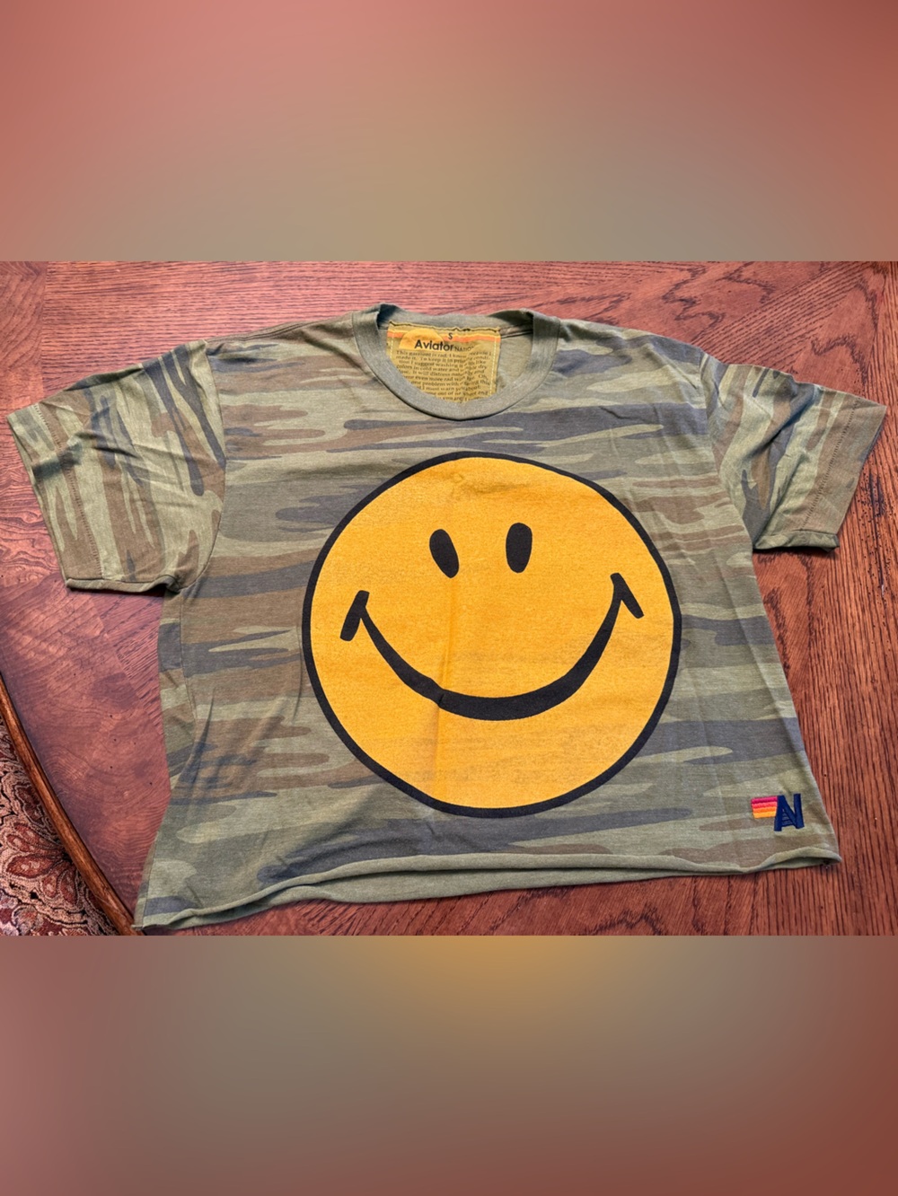 🌟 Aviator Nation Camo Smiley Face Crewneck Tee - EUC 🌟
